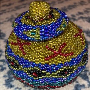Decorative Folk Art Multicolor Beadwork Lidded Basket. From in Haiku Hawaii
